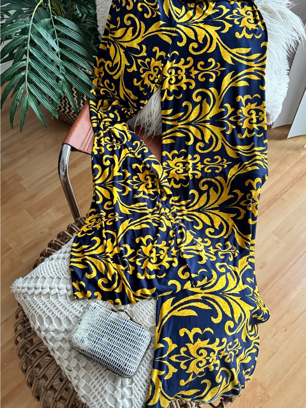 Wide-Leg Palazzo Pants in Navy with Gold Baroque Print